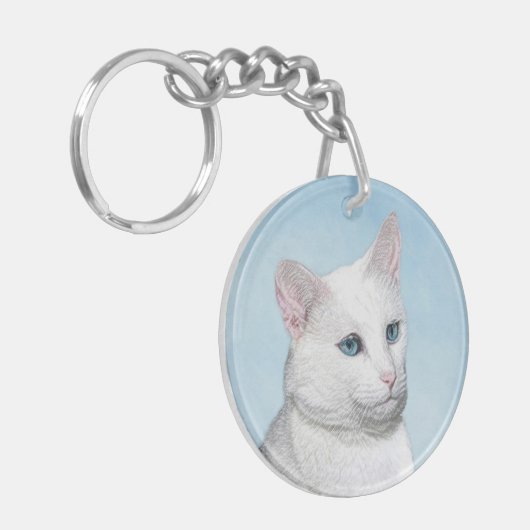 Witte kat schilderen - Kute Original Cat Art Sleutelhanger (Voorkant Links)
