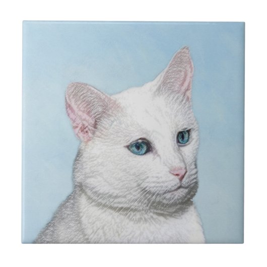 Witte kat schilderen - Kute Original Cat Art Tegeltje (Voorkant)
