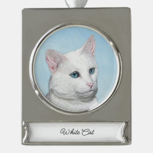 Witte kat schilderen - Kute Original Cat Art Verzilverd Banner Ornament