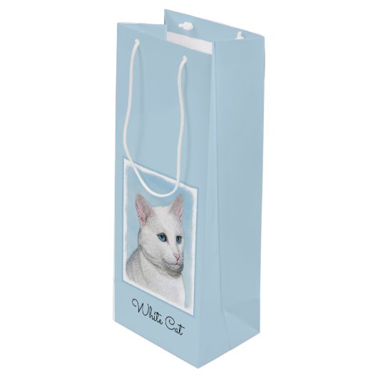 Witte kat schilderen - Kute Original Cat Art Wijn Cadeautas (Voorkant Gekanteld)