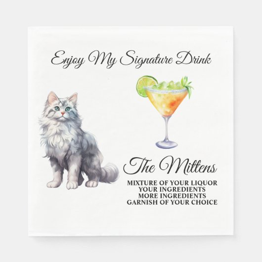 Witte Kat Signature Drink Bruiloft Pet Servet (Voorkant)