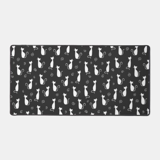 Witte Kat Silhouet Patroon op Zwart Bureaumat (Voorkant)