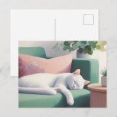 Witte kat slapen op een groene bank / kattenliefhe briefkaart (Voorkant / Achterkant)