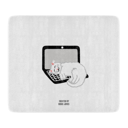 Witte kat slapen op laptop glas snijplank (Voorkant)