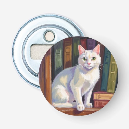Witte kat tekening button flesopener (Voorkant)