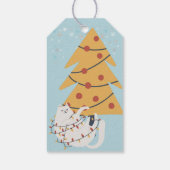 Witte kat verpakt in rode kerstboomverlichting cadeaulabel (Achterkant)