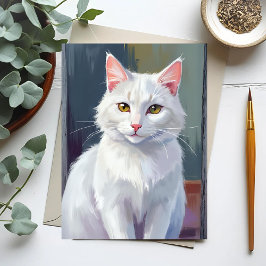 Witte Kat | Waterverf Kat Huisdier Schilderij Briefkaart