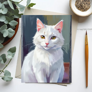 Witte Kat   Waterverf Kat Huisdier Schilderij Briefkaart