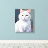 Witte Kat | Waterverf Kat Huisdier Schilderij Canvas Afdruk (Insitu (Houten vloer))