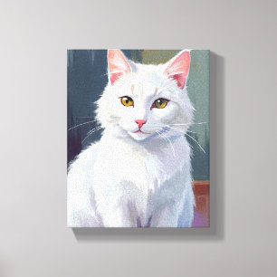 Witte Kat   Waterverf Kat Huisdier Schilderij Canvas Afdruk