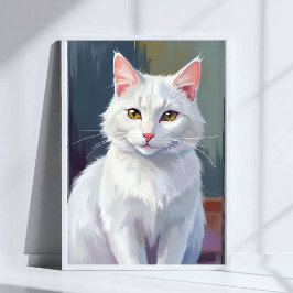 Witte Kat | Waterverf Kat Huisdier Schilderij Poster