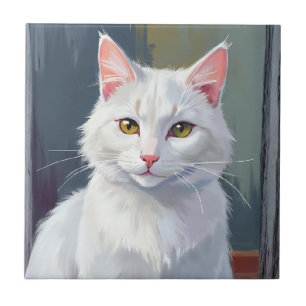 Witte Kat Waterverf Kat Huisdier Schilderij Tegeltje