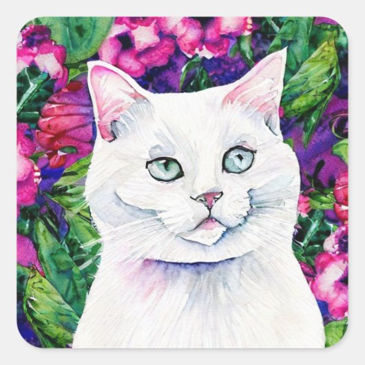 Witte kat Waterverf Square Sticker (Voorkant)