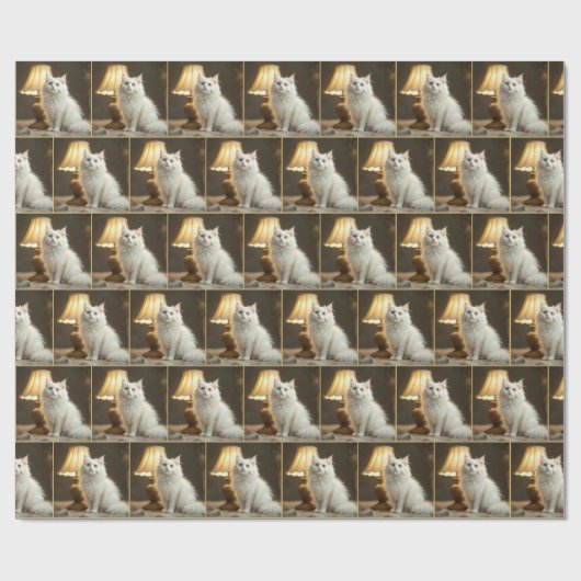 Witte kat zit in warme lamp cadeaupapier (Vlak)