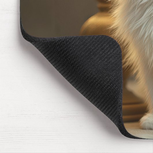 Witte kat zit in warme lamp muismat (Hoek)