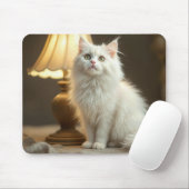 Witte kat zit in warme lamp muismat (Met muis)