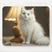 Witte kat zit in warme lamp muismat (Voorkant)