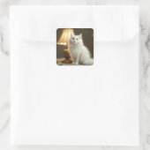 Witte kat zit in warme lamp vierkante sticker (Tas)