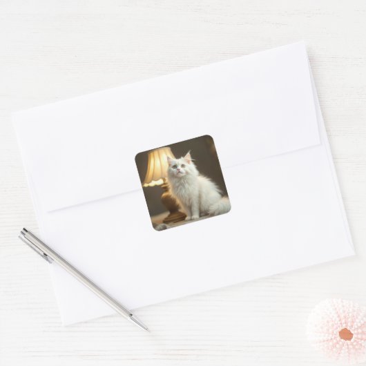 Witte kat zit in warme lamp vierkante sticker (Envelop)