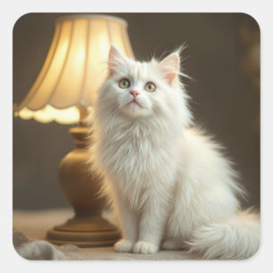 Witte kat zit in warme lamp vierkante sticker