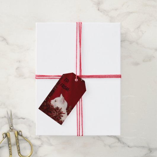 Witte katje kerst cadeaulabel (Met Touw)