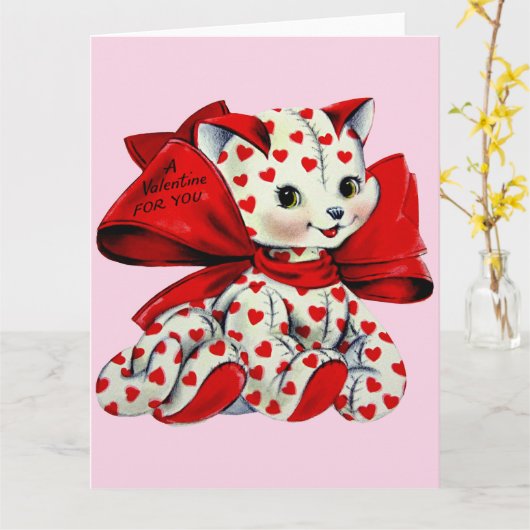 Witte katje met hart  Valentijnse kunst Kaart (Gele Bloem)