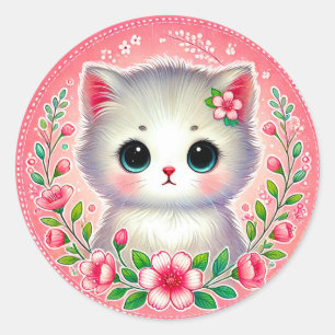Witte Katje Roze Bloemen Cadeau Voor Kattenliefheb Ronde Sticker