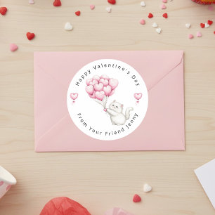 Witte Katje Roze Hartjes Ballonnen Valentijn Kinde Ronde Sticker