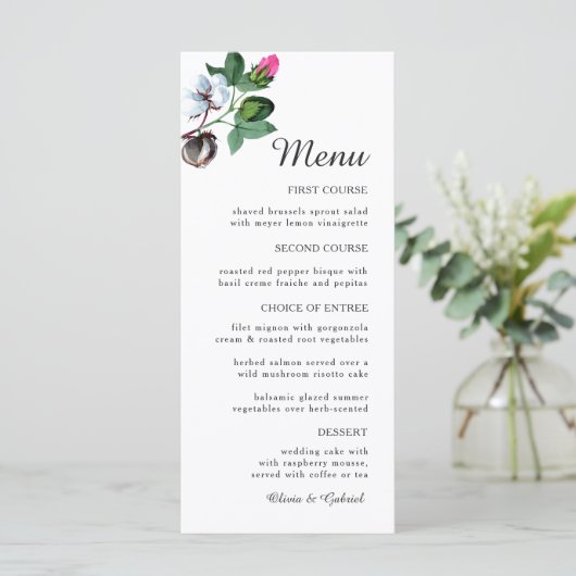 Witte katoenbloem. Mooie botanische bruiloft Menu (Staand voorkant)