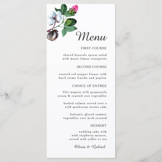 Witte katoenbloem. Mooie botanische bruiloft Menu (Voorkant)