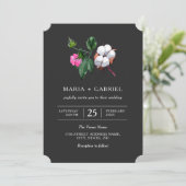 Witte katoenen bloem. Zwarte botanische bruiloft Kaart (Staand voorkant)