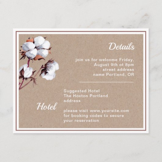 Witte katoenen bloemen Rustieke moderne bruiloft d Informatiekaartje (Voorkant)