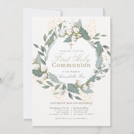 Witte katoenen tuinkrans Eerste Heilige Communie Kaart (Voorkant)
