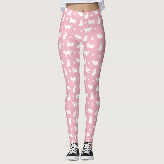Witte katten en verfdrukken op roze leggings (Voorkant)