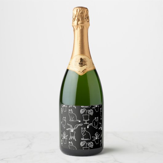 Witte katten op zwart sparkling wijnetiket (Voorkant)