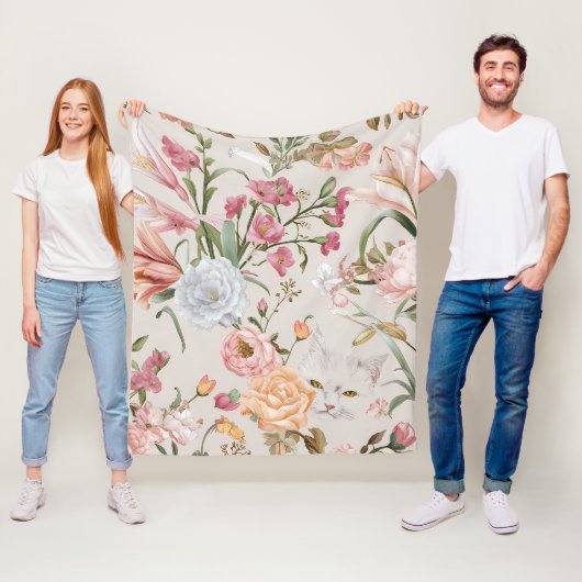 Witte katten Roze rozen Bloemen Fleece Deken (In situ)