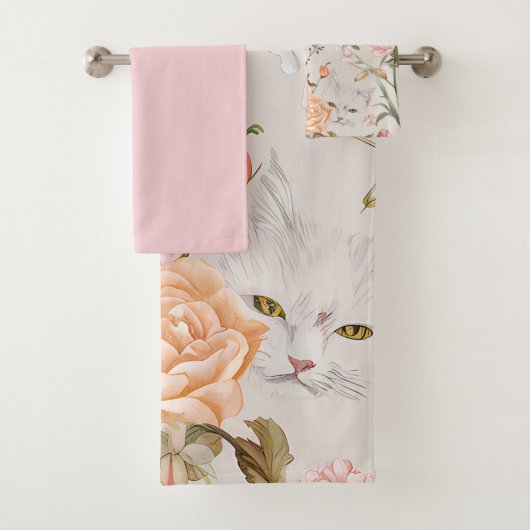 Witte katten Roze rozen Bloemmotief Bad Handdoek (Insitu)