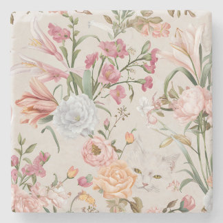 Witte katten Roze rozen Bloemmotief Stenen Onderzetter