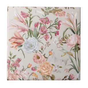 Witte katten Roze rozen Bloemmotief Tegeltje