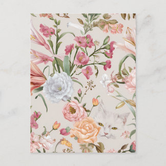 Witte katten Roze rozen Bloemrijke platte bedankka Briefkaart