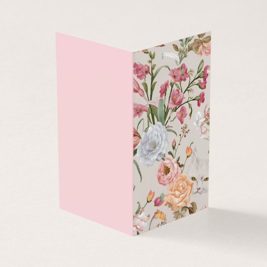 Witte katten Roze rozen Bloemrijke platte bedankka Kaart (Buitenkant)