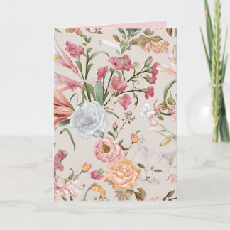 Witte katten Roze rozen Bloemrijke vlakke bedankka Kaart