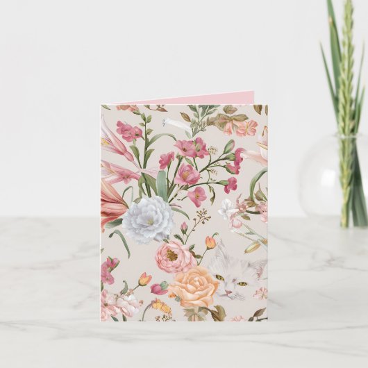 Witte Katten Roze Rozen Bloemstuk Platte Bedankkaa Kaart (Voorkant)