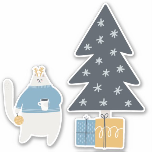 Witte kattenblauwe zweten kerstboom sticker (Voorkant)