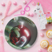 Witte Kattenpoot Reflectie In Rood Ornament Papieren Bordje (Feest)