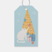 Witte kattenspelen met kerstboomgeschenk voor sier cadeaulabel (Achterkant)