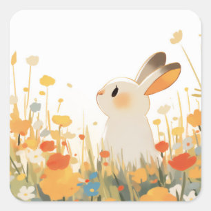 Witte Kawaii Konijn in Weide met Wilde Bloemen Vierkante Sticker