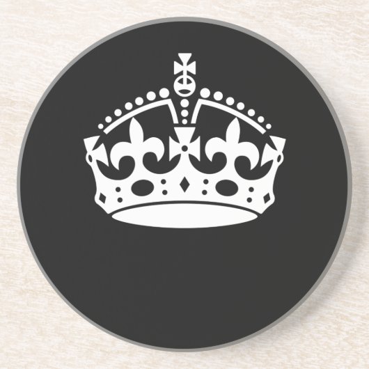 Witte Keep Calm Kroon op Zwart Zandsteen Onderzetter (Voorkant)
