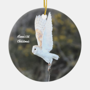 Witte Keramische Kerstbal met Foto van Kerkuil Keramisch Ornament