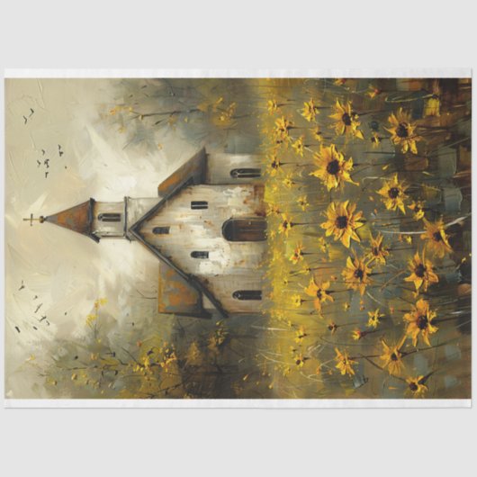 Witte Kerk Gele Wildbloemen Rustieke Decoupage Tissuepapier (Voorkant)